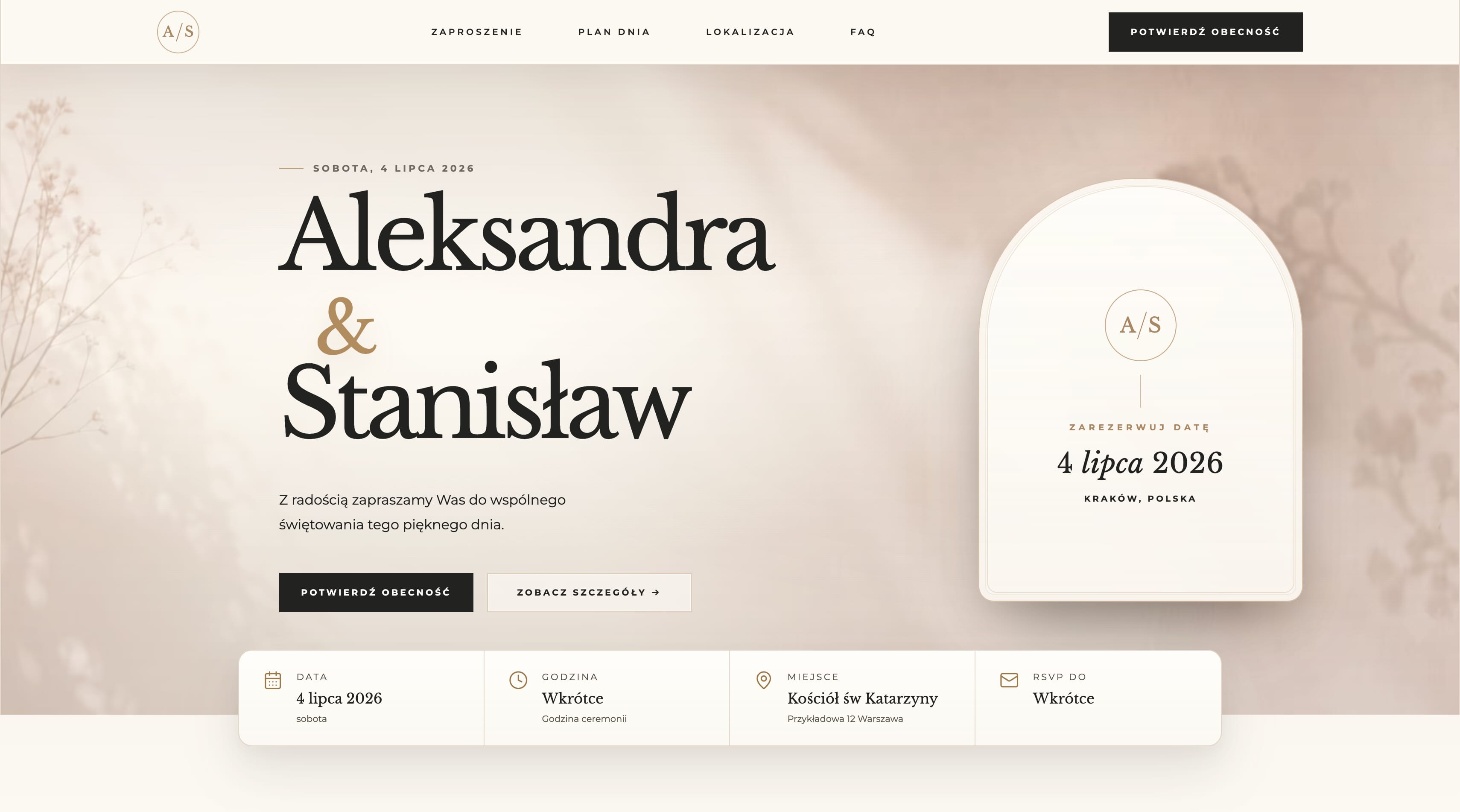 Podgląd szablonu strony ślubnej Editorial Arch